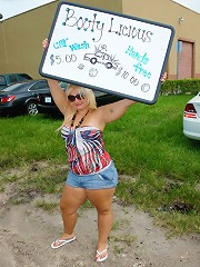 Tiffany gives a car wash to her customers when one of them .. bargains for more than just a wash but a full body rub suck and fuck